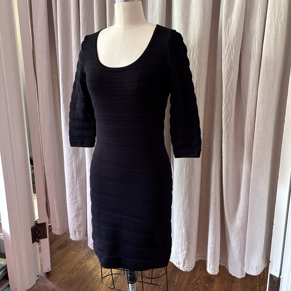 Mango MNG Basics Black Bandage Bodycon Dress 3/4 Sleeve Size M